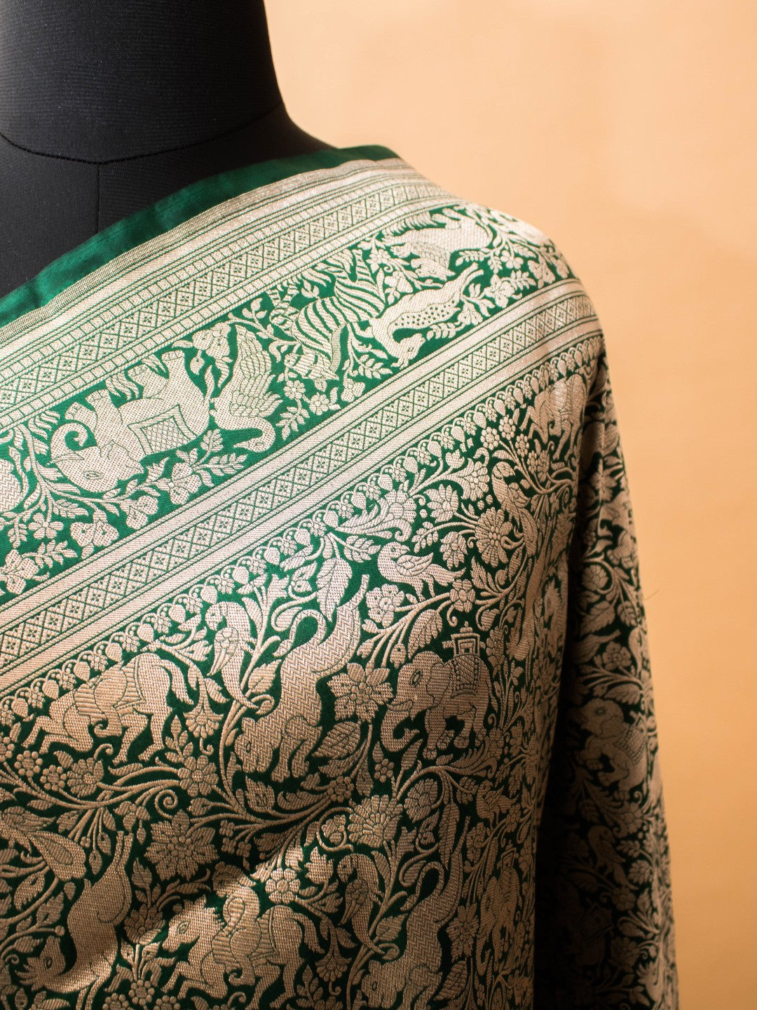 Shikargha Weaving In Pure Kataan Silk Hand Weaved -green