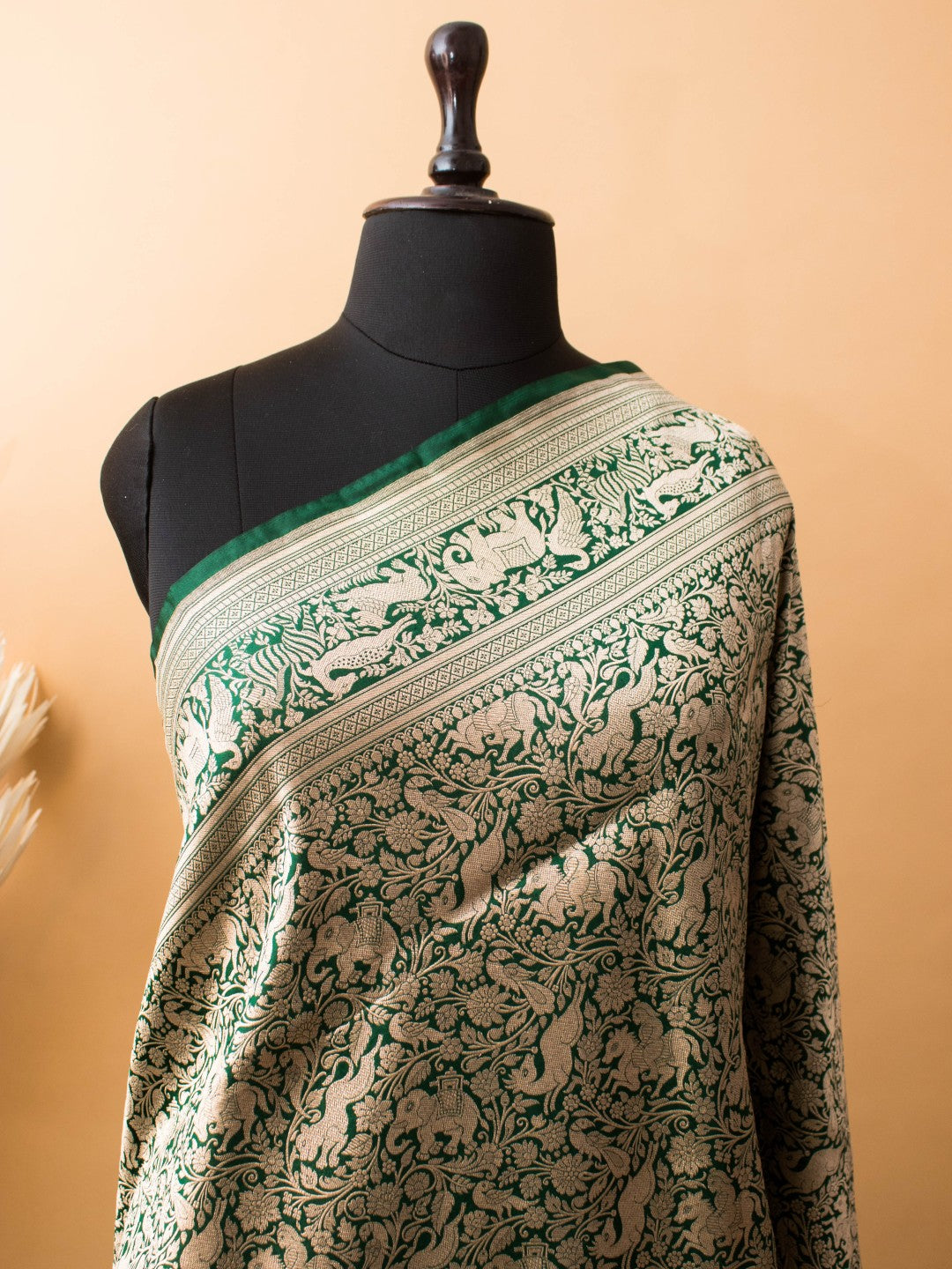 Shikargha Weaving In Pure Kataan Silk Hand Weaved -green
