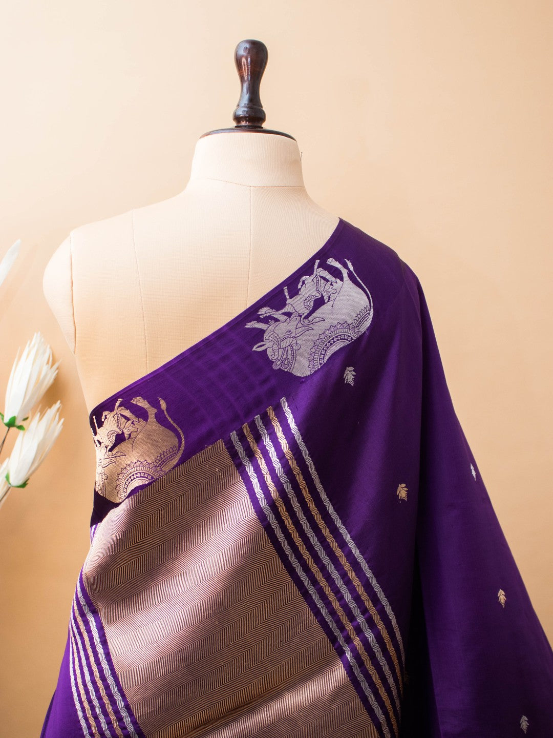 Mother Cow Feeding Its Calf In Pure Mashru Silk Saree - Dark Purple