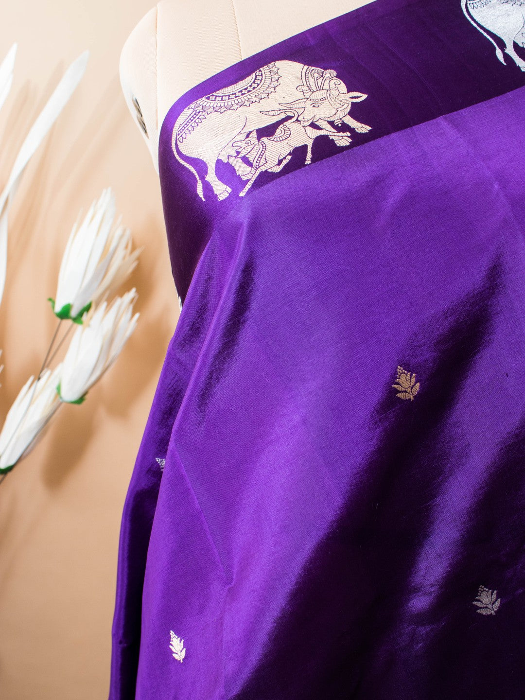 Mother Cow Feeding Its Calf In Pure Mashru Silk Saree - Dark Purple