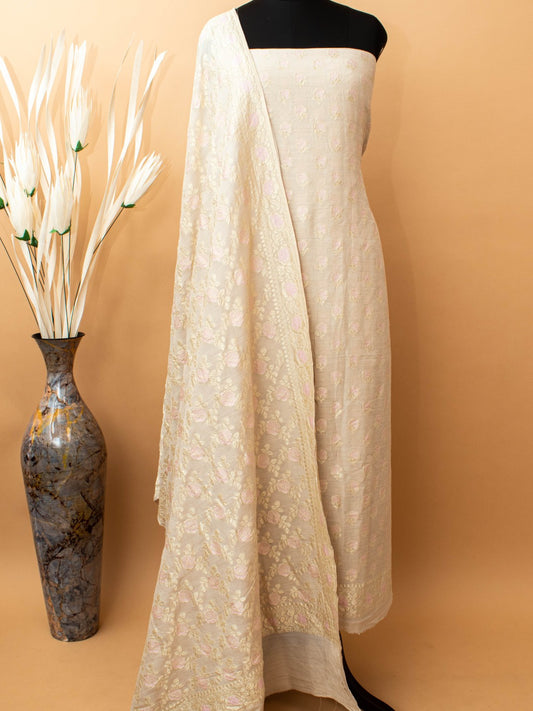 Hand-Weaved Jaal Dupatta N Buti Top 3pc In Pure Munga Silk Fabric