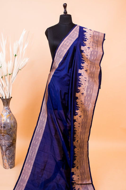 Handloom Banarasi Pure Katan Silk Ghaat Border Blue