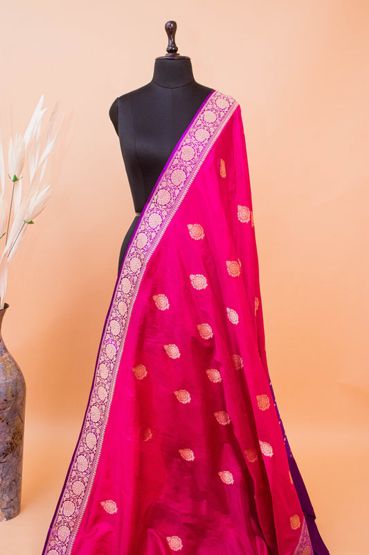 Handloom Banarsi Contrast Broad Border In Pure Kataan Silk Pink