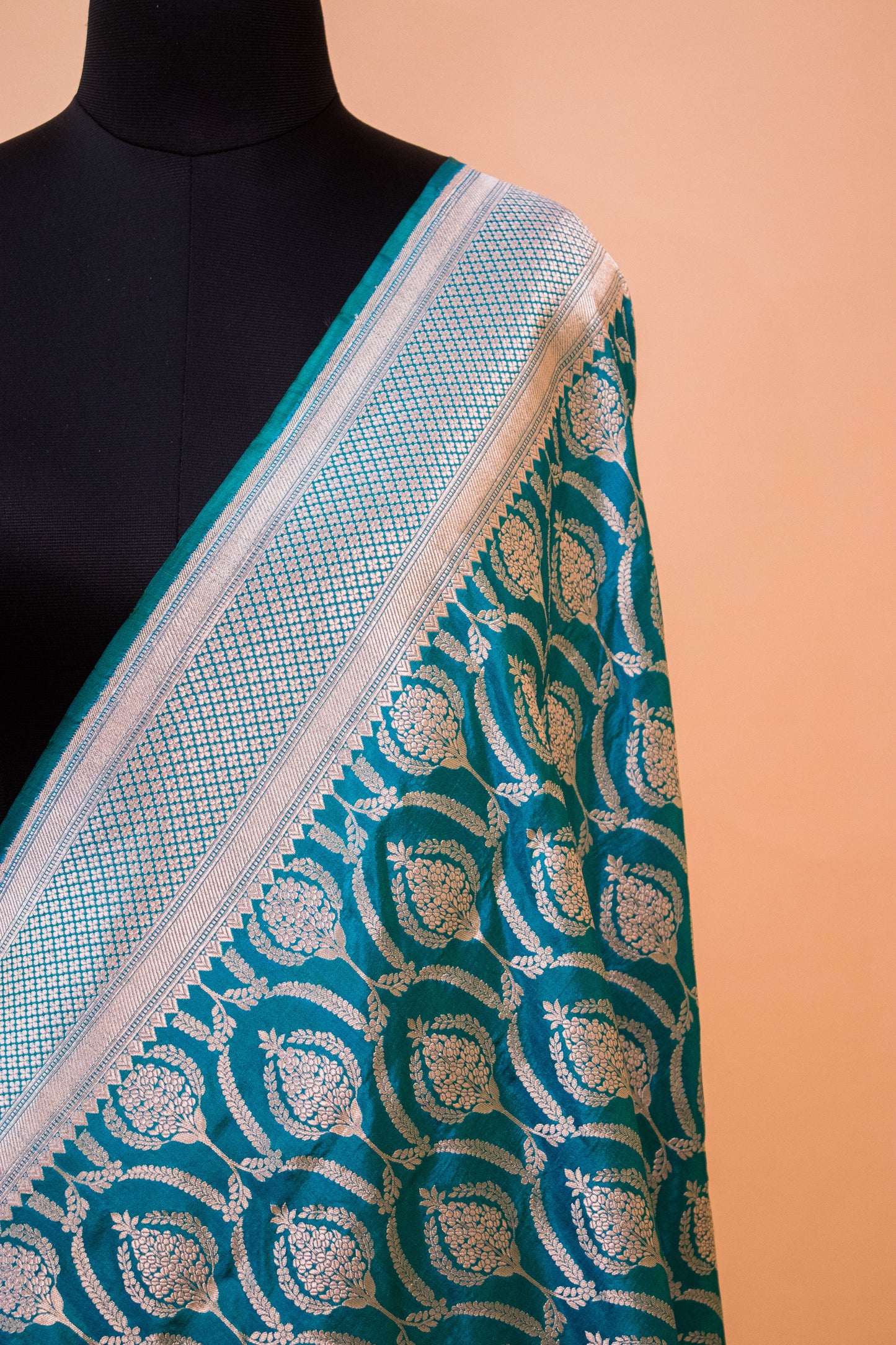 Handloom Banarsi Upaada Jaal In Pure Kataan Silk - Blue