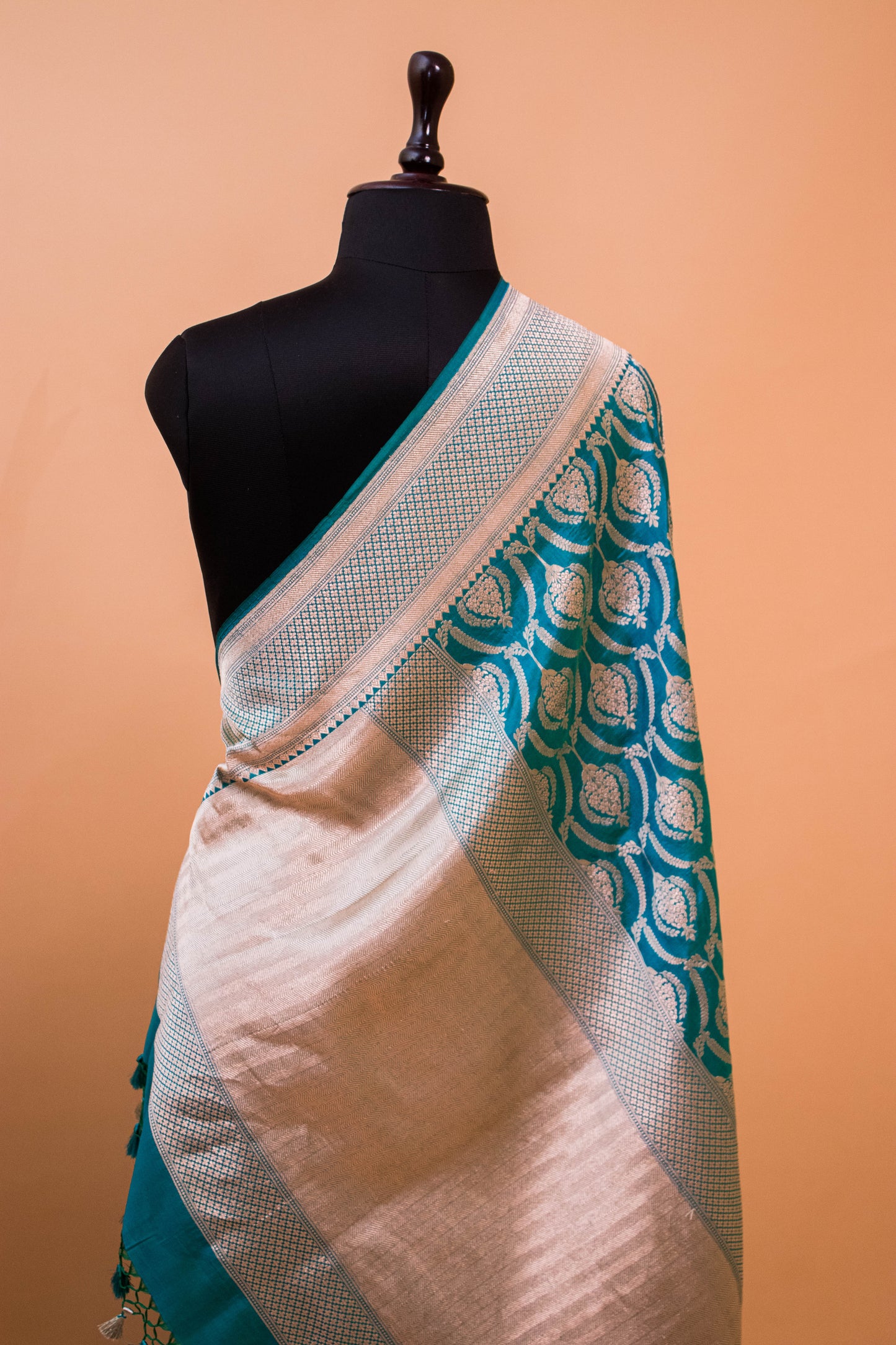 Handloom Banarsi Upaada Jaal In Pure Kataan Silk - Blue