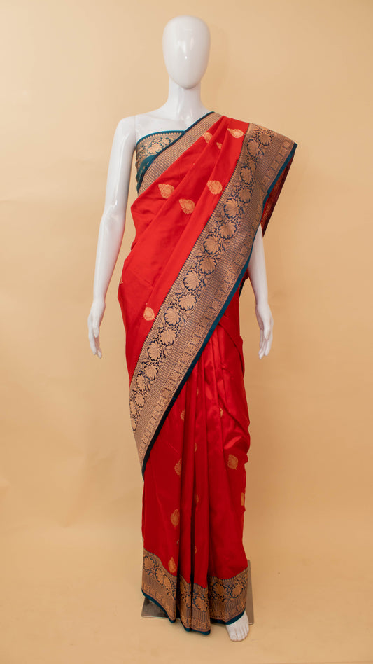 Handloom Banarsi Contrast Border And Butti Design Red