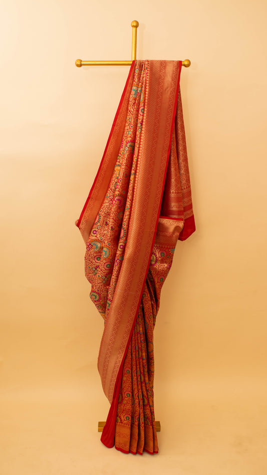 Banarasi Meenakari Jaal Weaving In Silk Fabric Red