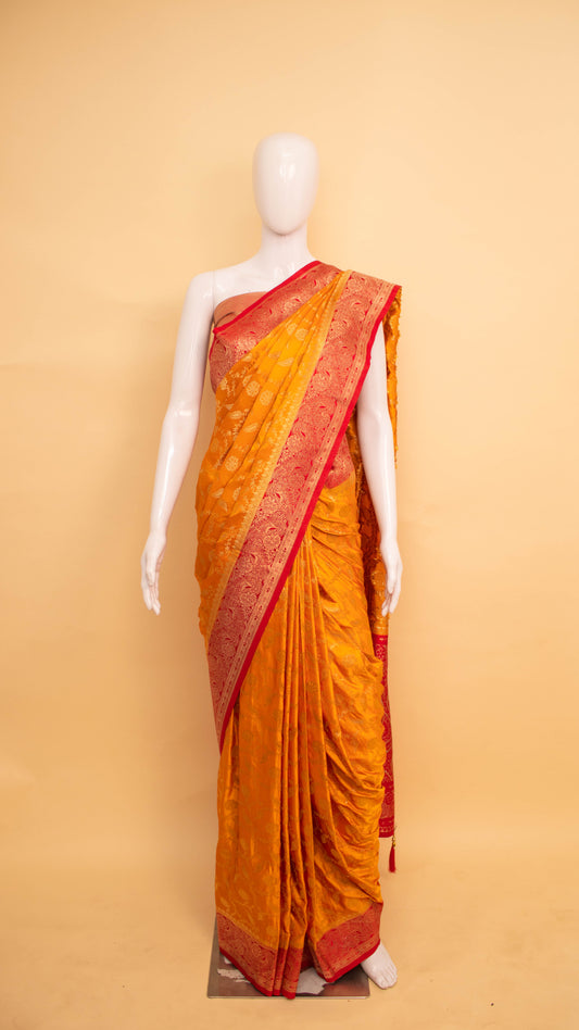 Traditional Banarsi Contrast Border And Jaal Weaving Yellow
