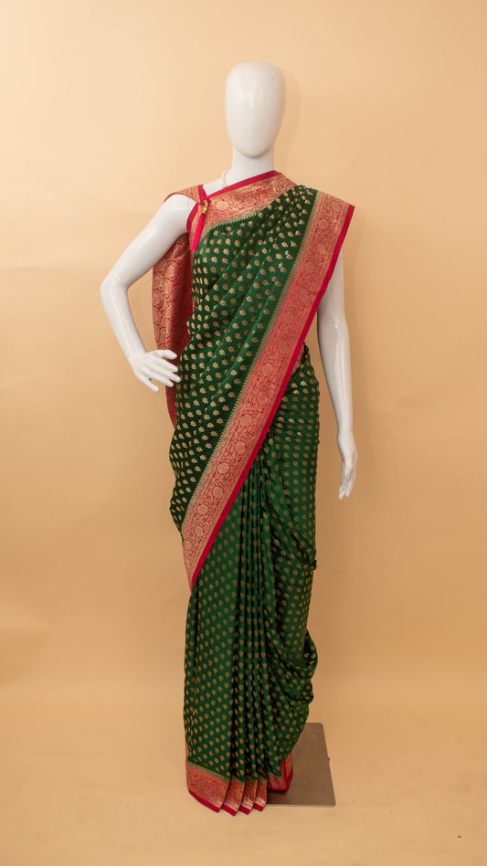 Traditional Banarsi Contrast Border And Small Butti Weaving Green