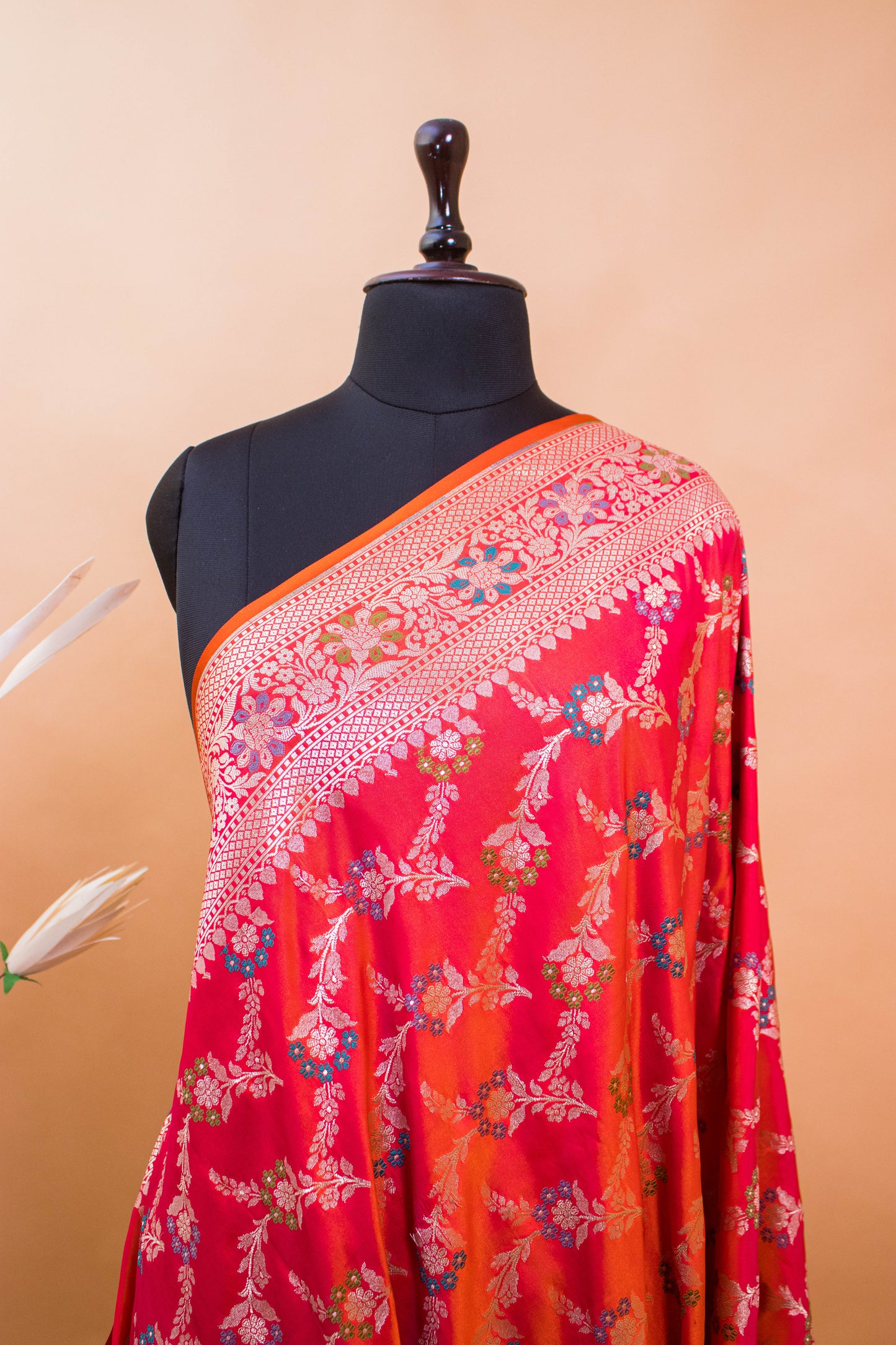 Meenakari Jaal Weaving In Banarsi Silk Fabric Orange