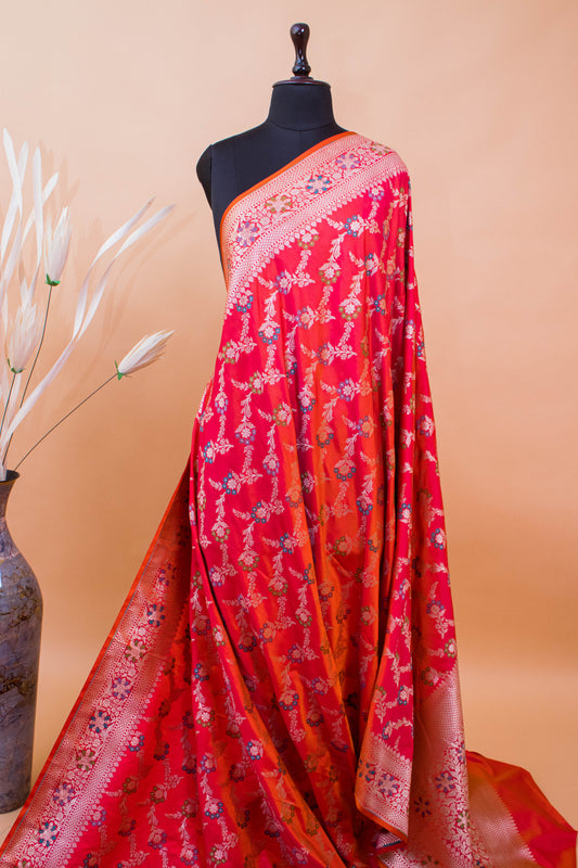 Meenakari Jaal Weaving In Banarsi Silk Fabric Orange