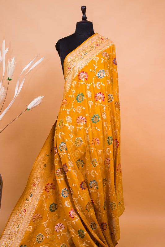 Traditional Meenakari Jaal Weaving In Banarsi Silk Fabric Yellow