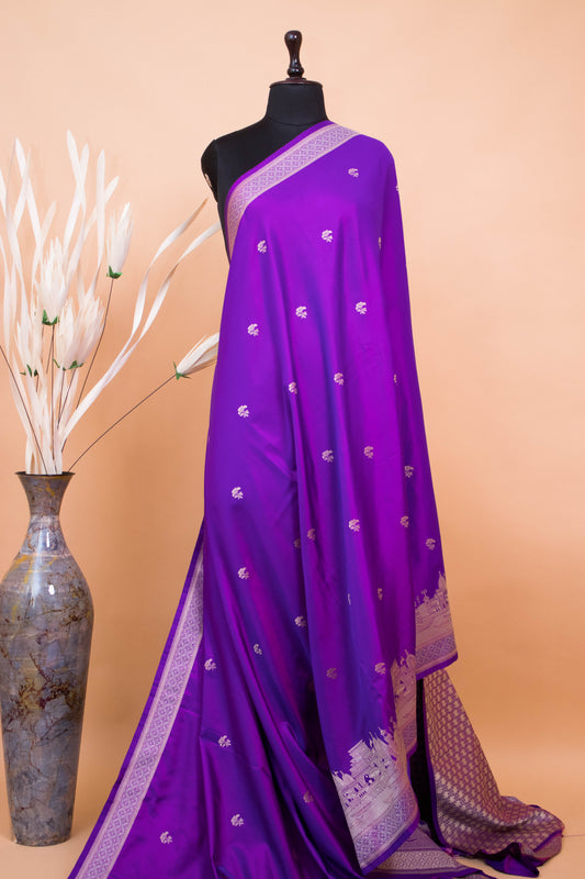 Contemporary Ghaat Border Weaving In Banarasi Silk - Purple