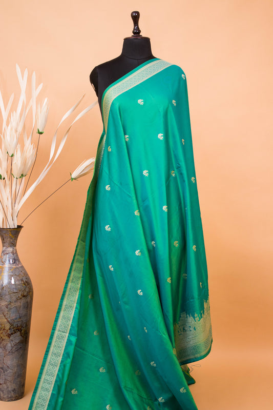 Contemporary Ghaat Border Weaving In Banarsi Silk - Green