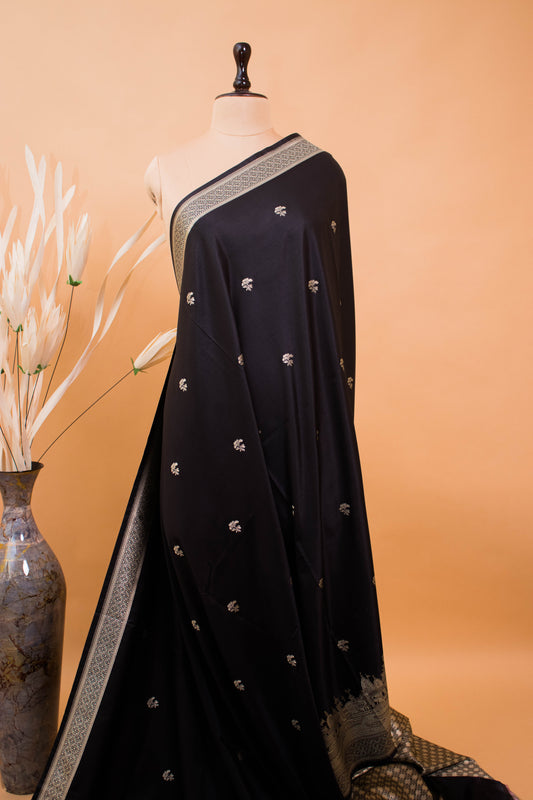 Contemporary Ghaat Border Weaving In Banarsi Silk - Black