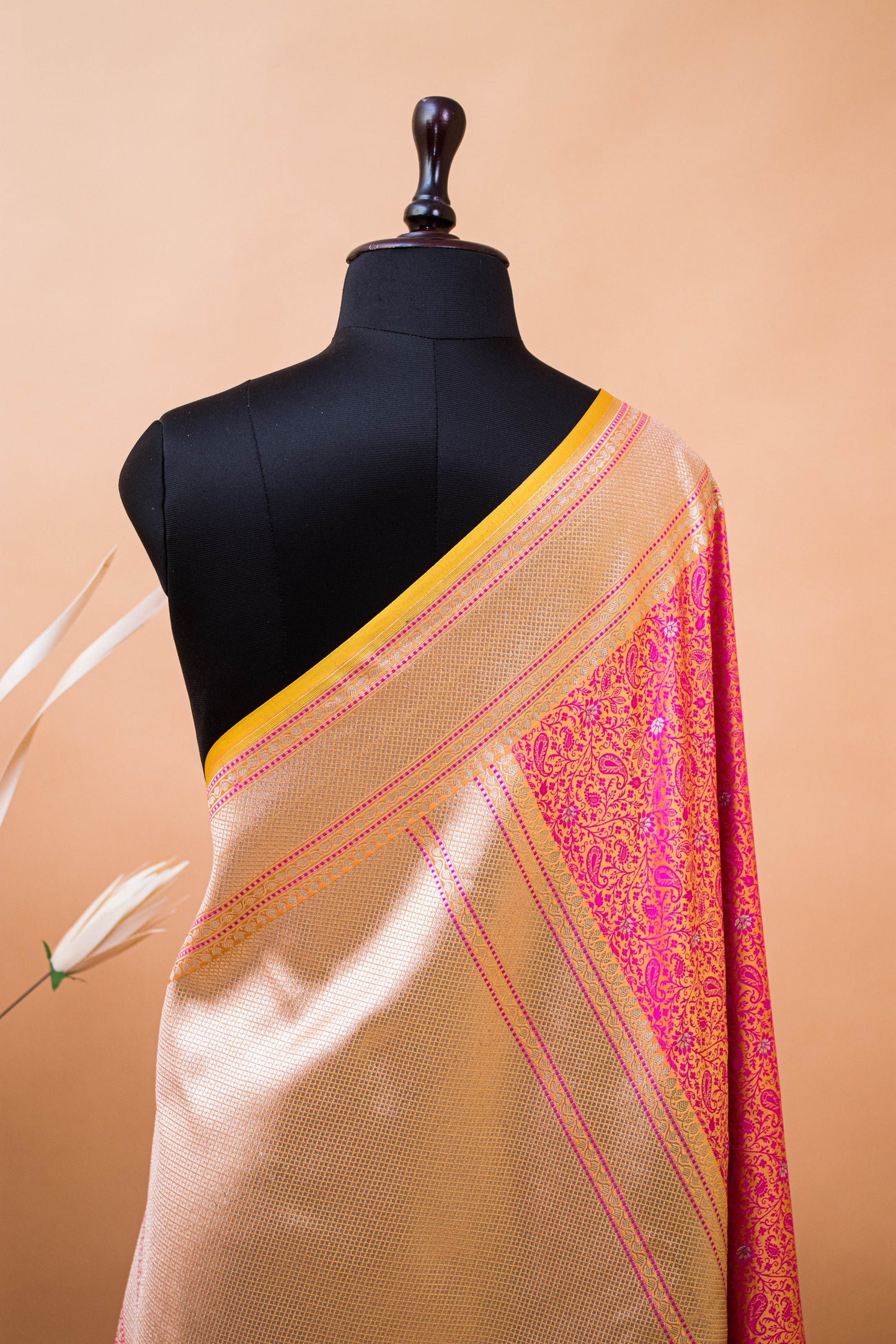 Traditional Banarsi Tanchui Weaving In Mashru Silk Fabric - Yellow