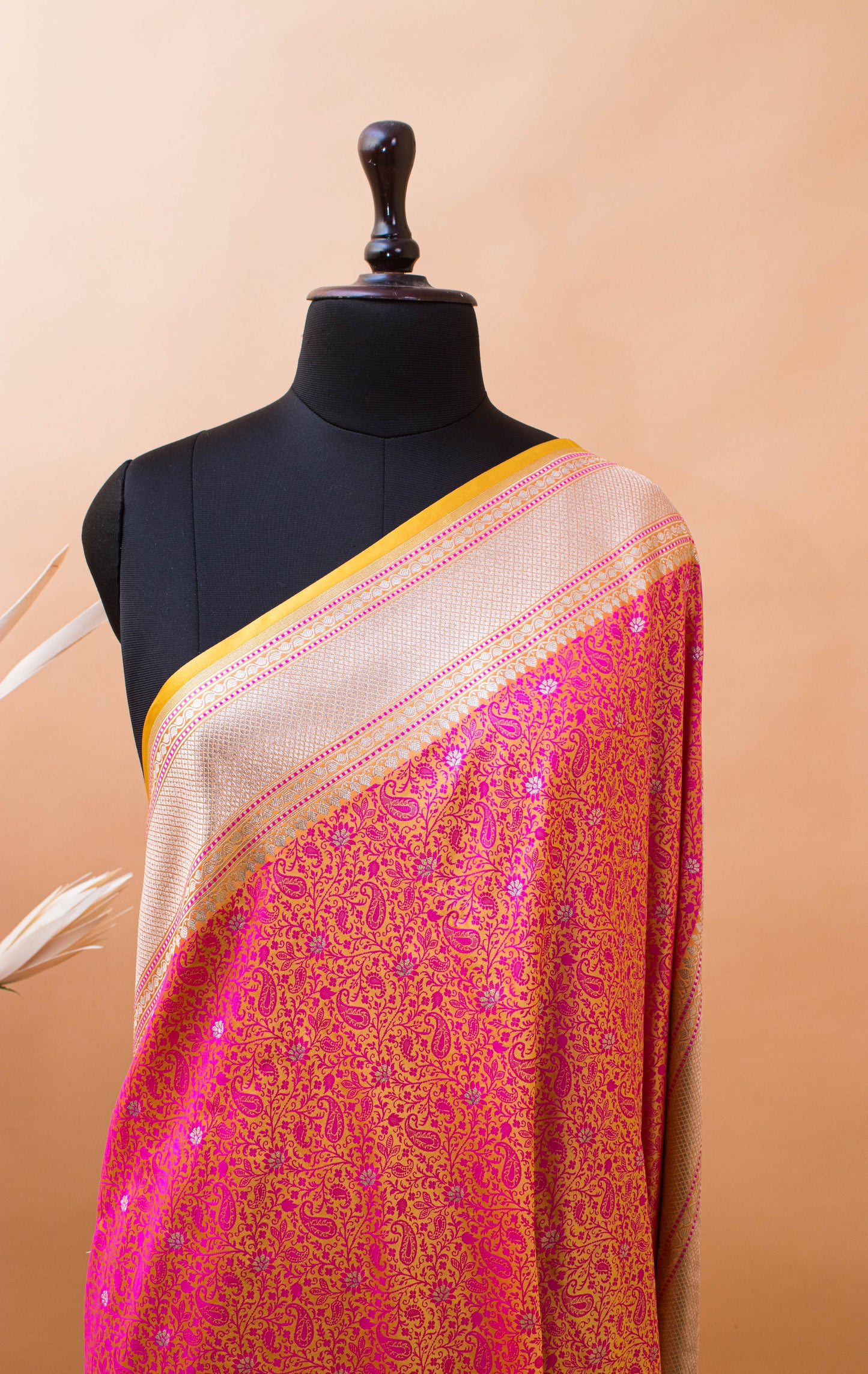 Traditional Banarsi Tanchui Weaving In Mashru Silk Fabric - Yellow