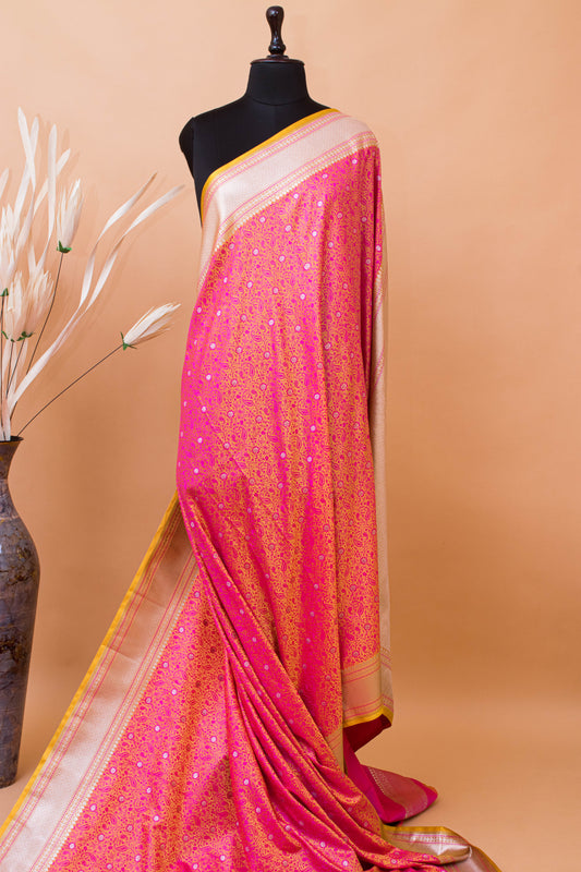 Traditional Banarsi Tanchui Weaving In Mashru Silk Fabric - Yellow