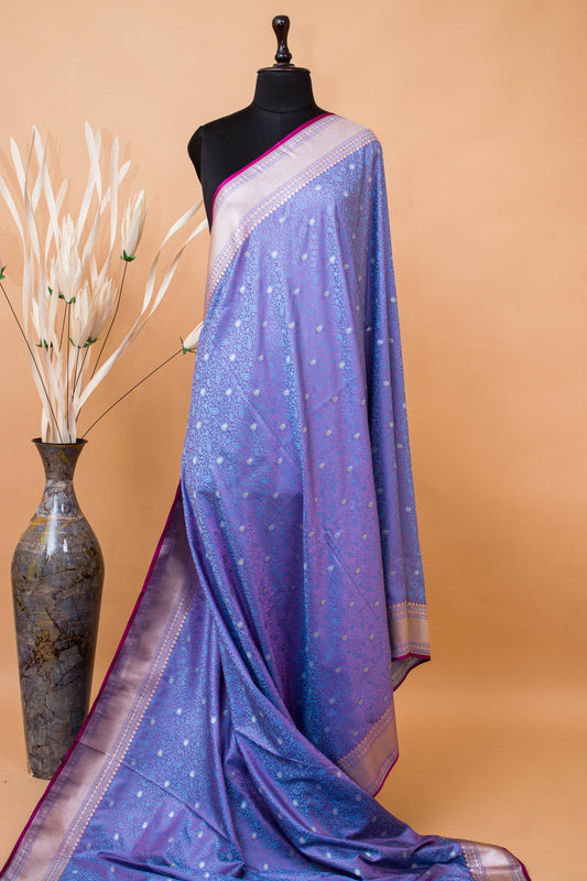 Traditional Banarsi Tanchui Weaving In Mashru Silk Fabric - Blue