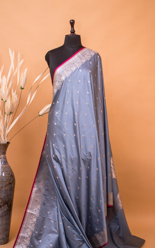 Sober Banarsi Double Border Small Butti Saree - Grey