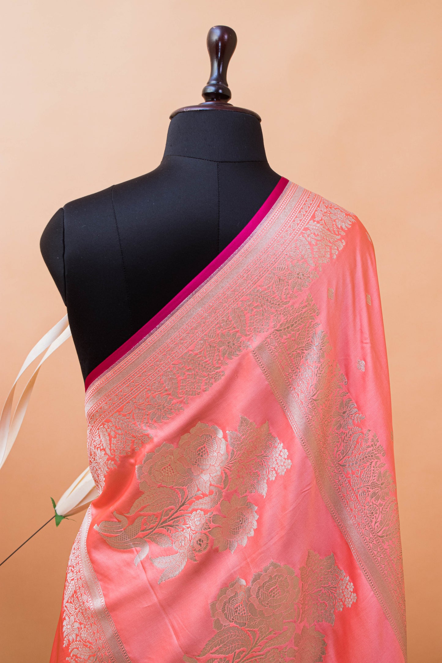 Wedding Banarasi Double Border And Jaal Weaving - Peach