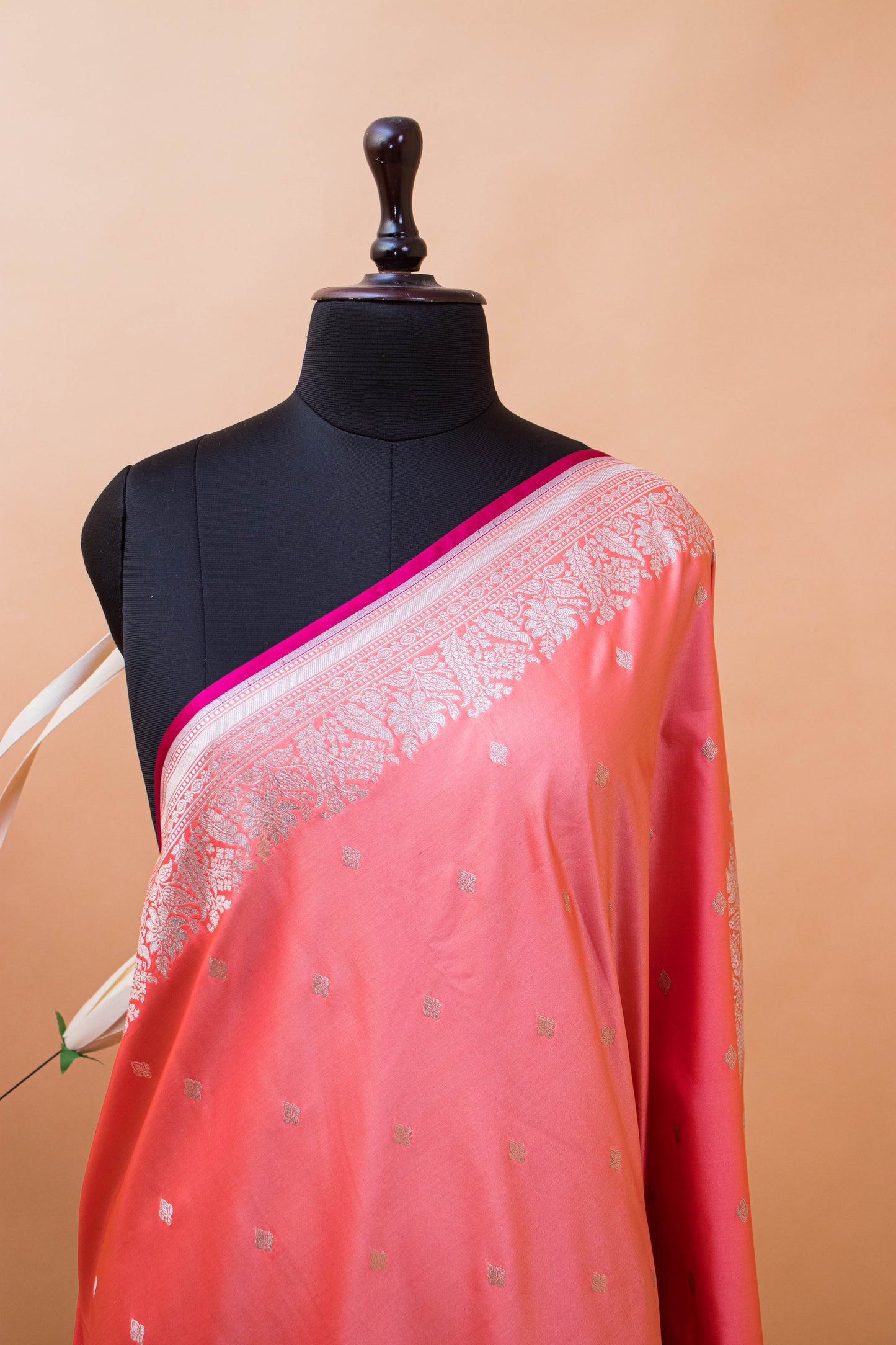 Wedding Banarasi Double Border And Jaal Weaving - Peach