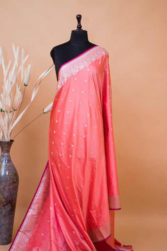 Wedding Banarasi Double Border And Jaal Weaving - Peach