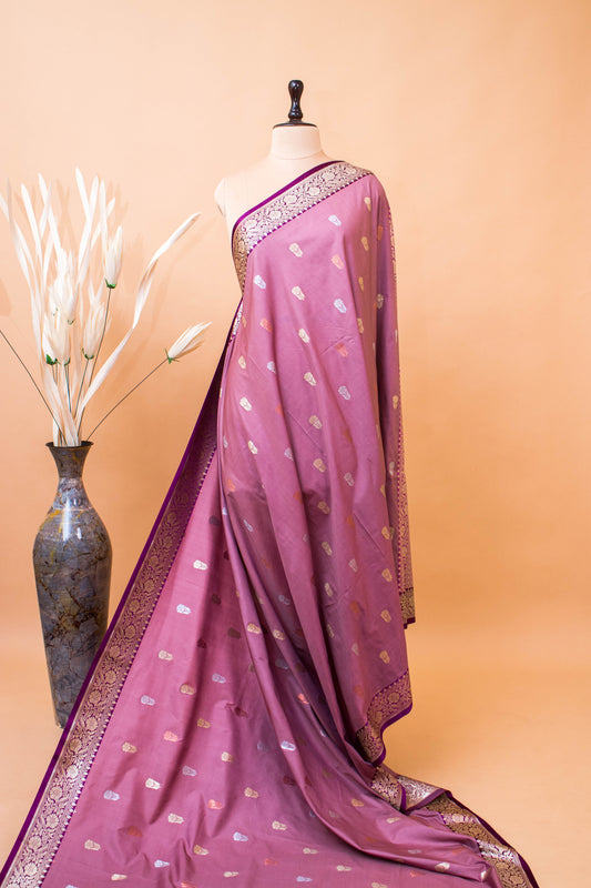 Traditional Banarsi Cotrast Border Butti Weaving - Pink
