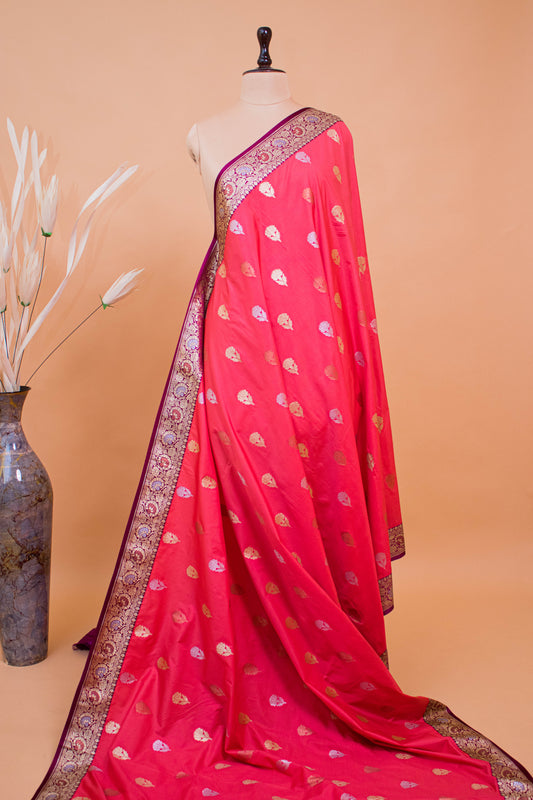Traditional Banarsi Cotrast Border Butti Weaving - Orange