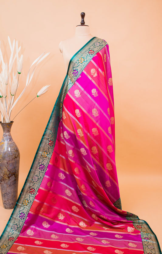 Banarasi Rangkaat Weaving Saree With Contrast Meenakari Border - Multi Color
