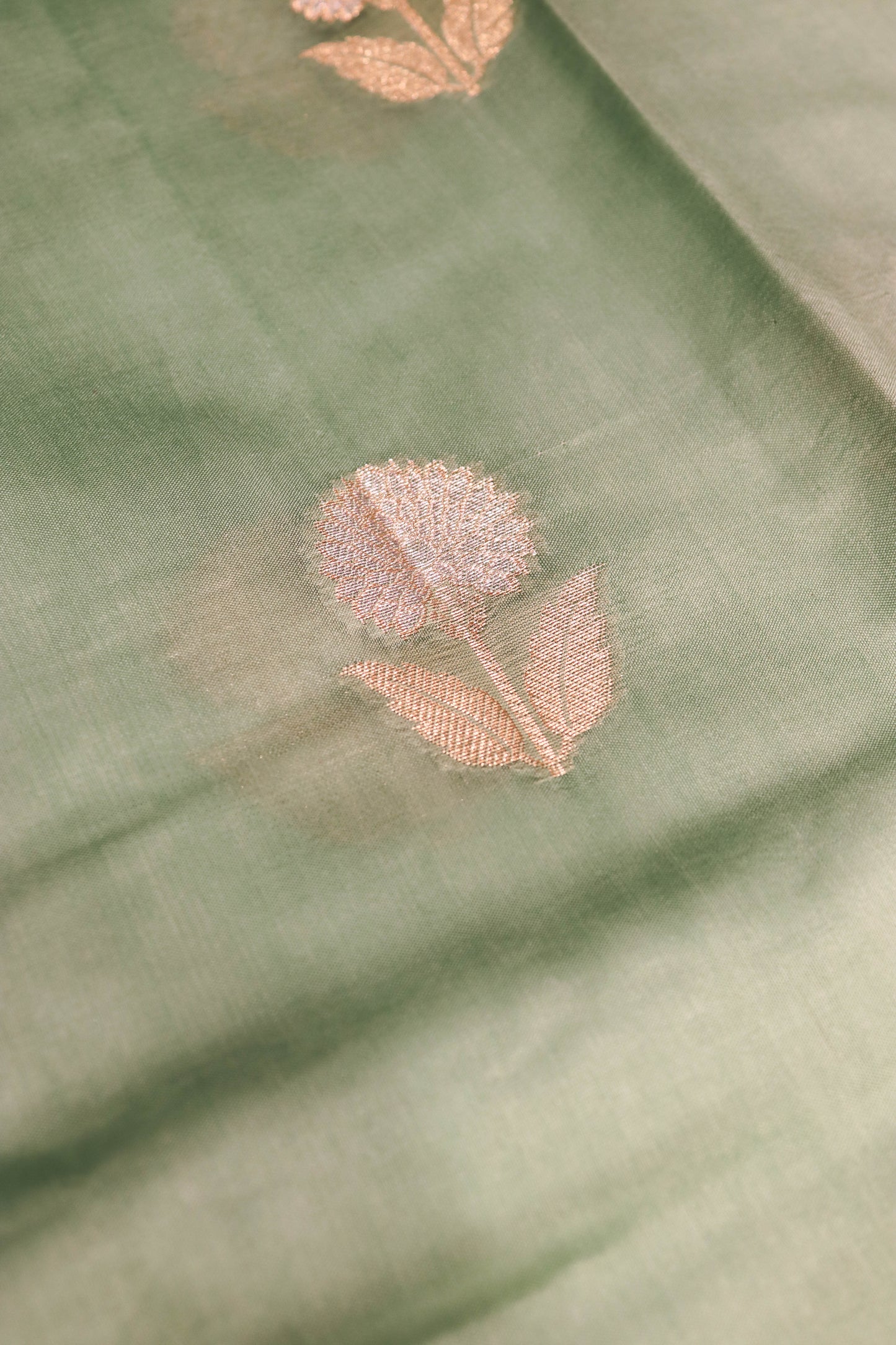 Resham Weaving Border And Silver And Gold Zari Motif In Pure Dupion Silk Green