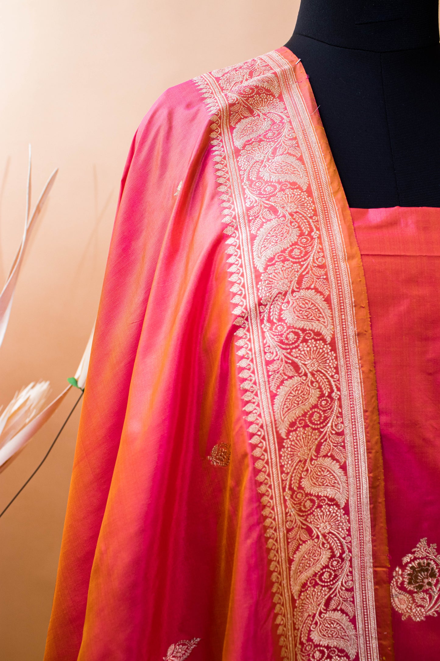 Handloom Banarasi Kadhuwa Tilfi Butti Suit Fabric In Pure Katan Silk-Orange