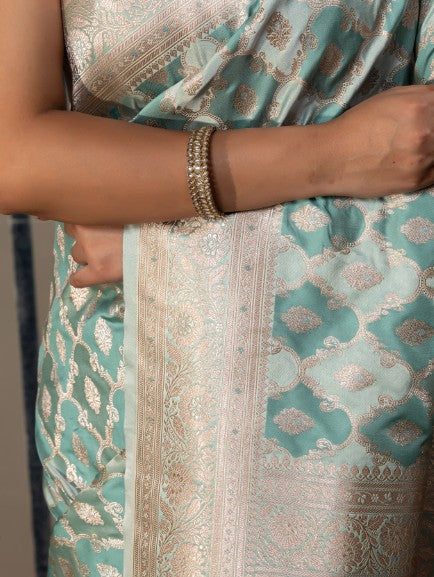 Banarasi Rangkaat Weaving In Mashru Silk Fabric-Blue