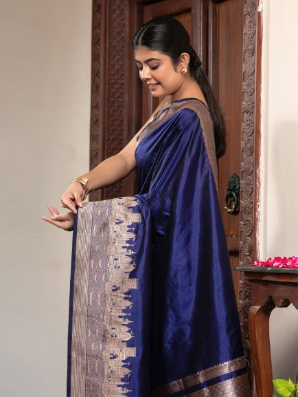 Handloom Banarasi Ghaat Border In Pure Katan Silk Blue