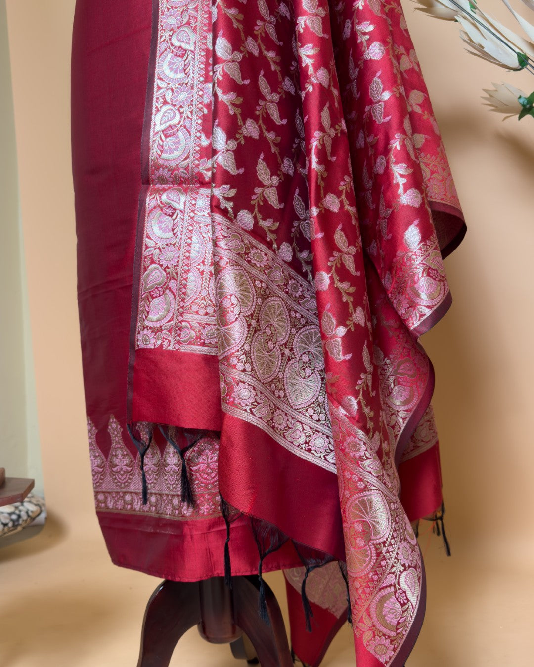 Plain Suit Fabric With Border With Meenakari Jaal Dupatta And Bottom Unstiched Suit Fabric - Red