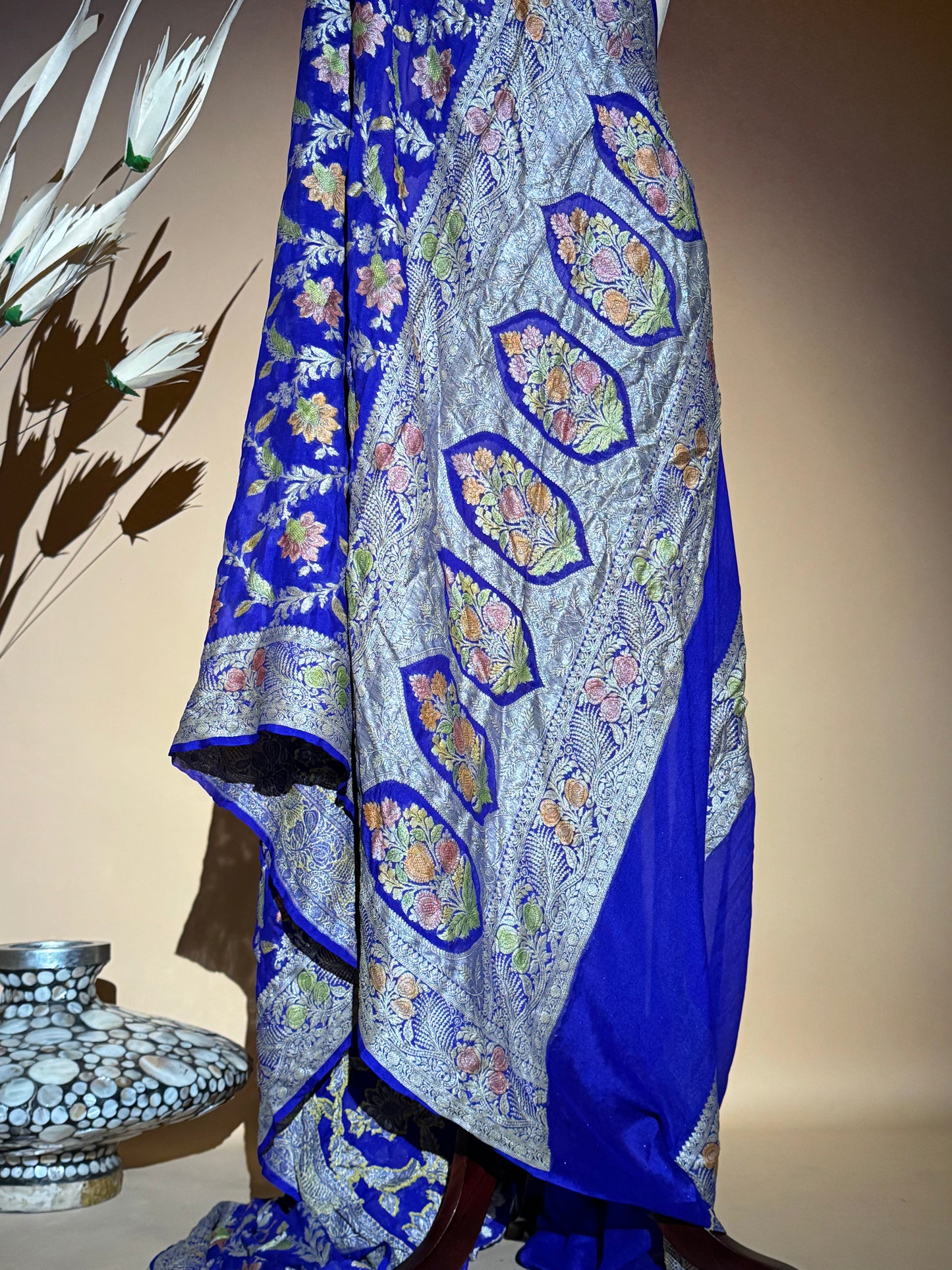 Traditional Banarasi Jaal Weaving With Hand Brush In Pure Khaddi Chiffon Saree - Blue