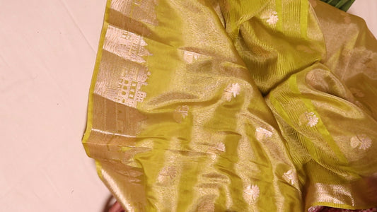 Banarasi Tissue With Ghaat Border - Yellow