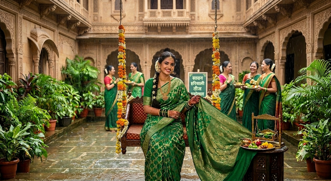 What to Wear for Sawan and Hariyali Teej: The Green Banarasi Saree