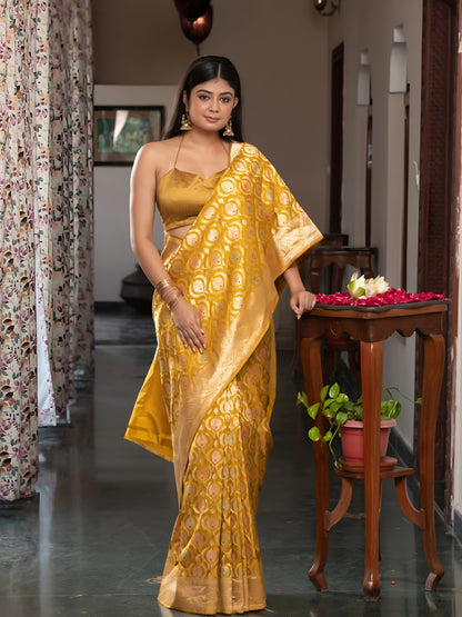 Handloom Banarasi Meenakari Jaal In Pure Katan Silk-Yellow