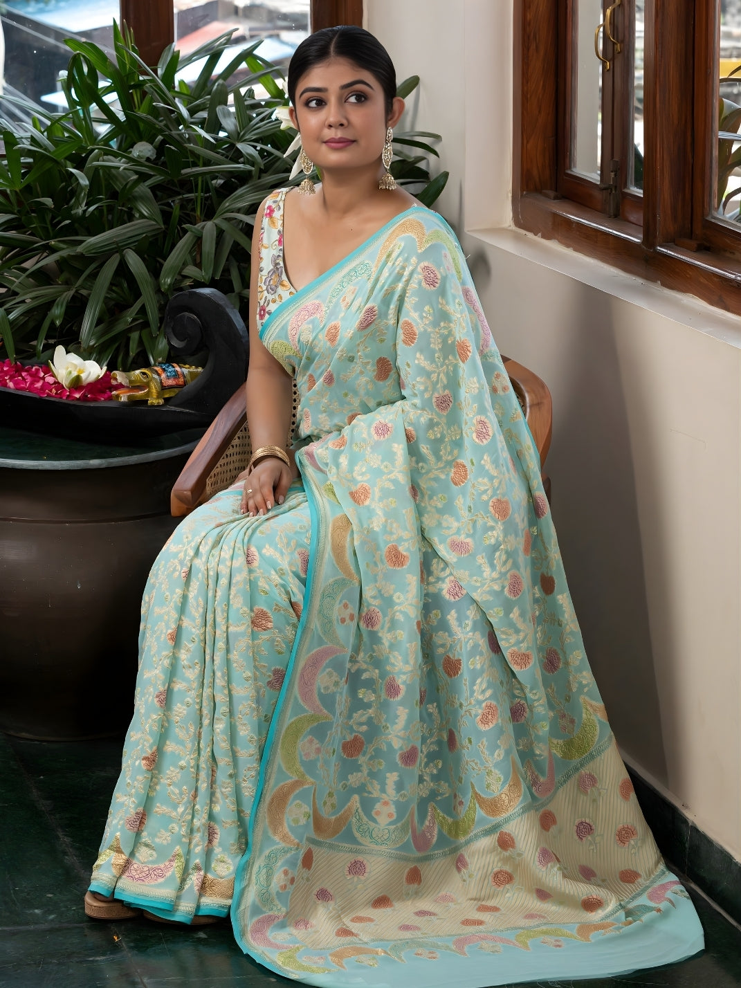 Handloom Banarasi Khaddi Pure Georgette Saree With Hand Brush Rangkaat Blue