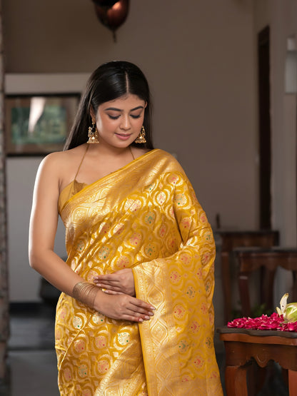 Handloom Banarasi Meenakari Jaal In Pure Katan Silk-Yellow