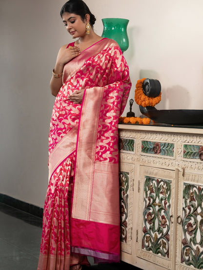 Handloom Banarasi Upada Jaal In Pure Kataan Silk Pink