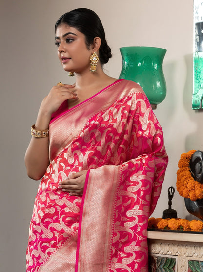Handloom Banarasi Upada Jaal In Pure Kataan Silk Pink