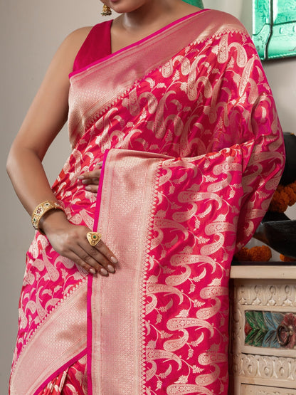 Handloom Banarasi Upada Jaal In Pure Kataan Silk Pink