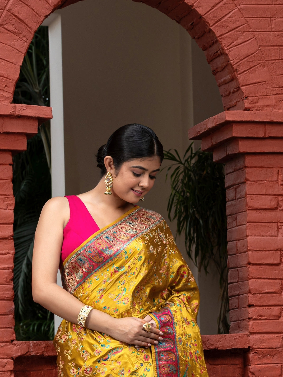 Meenakari Weaving In Banarasi Satin Silk Yellow