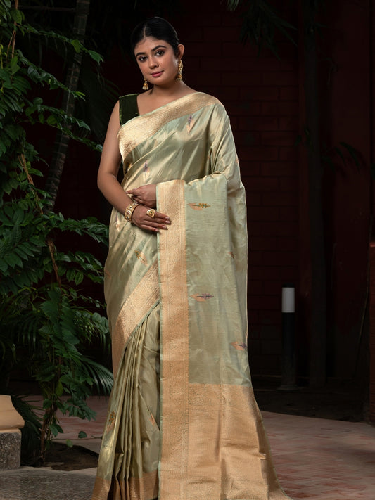 Handloom Kadhuwa Weave Tilfi Butti Saree In Pure Tissue Kataan Silk Fabric Green