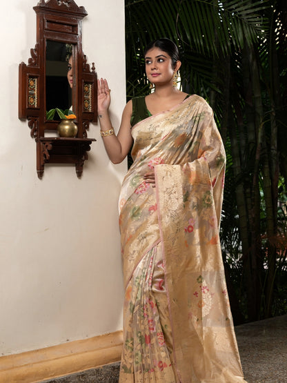 Handloom Banarasi Tilfi Meenakari Jaal In Pure Tissue Fabric Golden