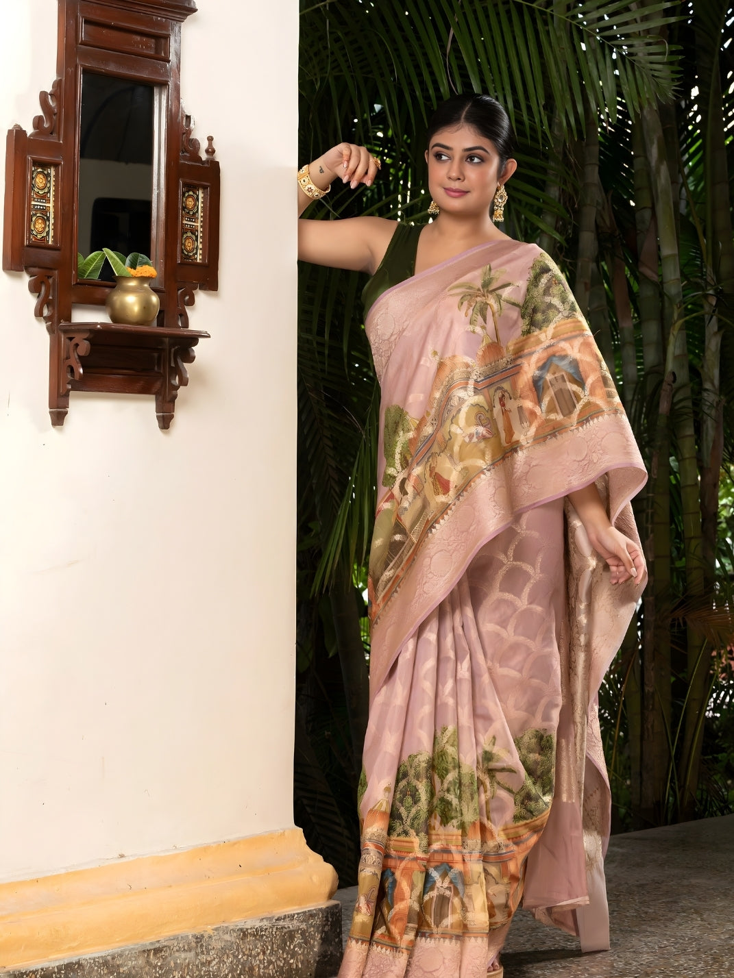 Pichuwai Print On Handloom Banarasi Cottan Silk-Purple