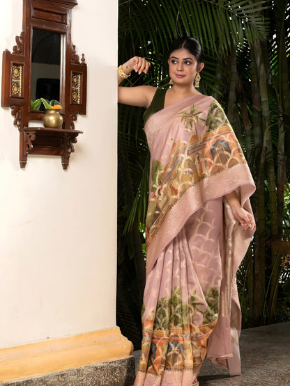 Pichuwai Print On Handloom Banarasi Cottan Silk-Purple