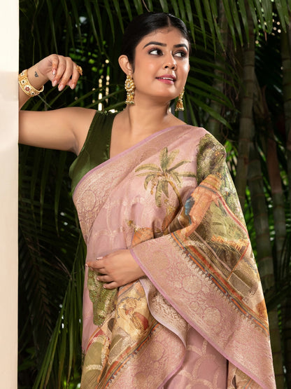 Pichuwai Print On Handloom Banarasi Cottan Silk-Purple